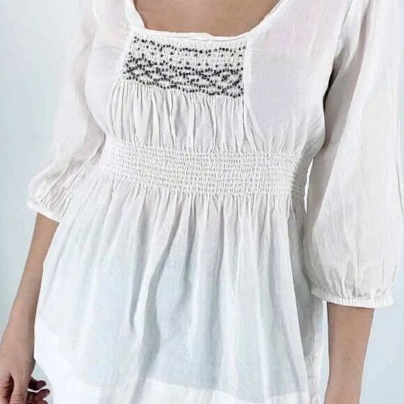 CalvinKleinJeansS/PFitandFlareBabydoll 100%CottonWhite3/4SleeveBeaded Women'sTop - Picture 4 of 9